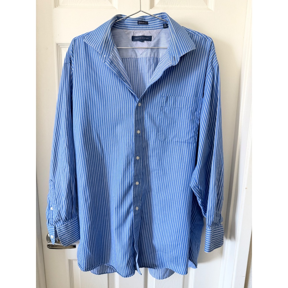 Tommy Hilfiger Mens Blue White Striped Cotton Dress Shirt Regular Fit 17.5 32-33